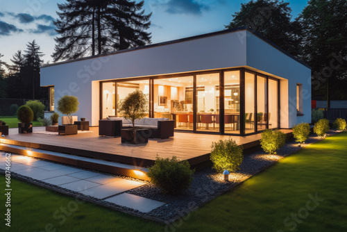Modern house with garden at night. Green garden on left. Modern open space architecture of house and front lawn.