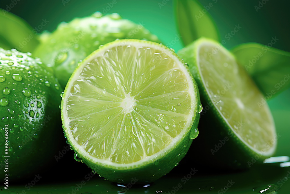 Halves and whole lime fruits close-up Halves and whole lime fruits close-up