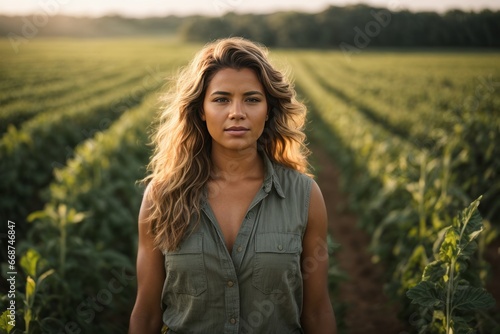 A brunette woman with long wavy hair stands in a farmer's field at sunset