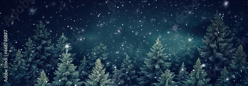 Banner with dark snowy forest with fir trees