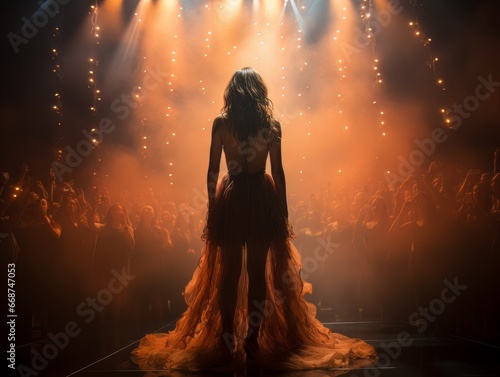 Fictional woman artist in dress on big stage of luxury concert hall AI