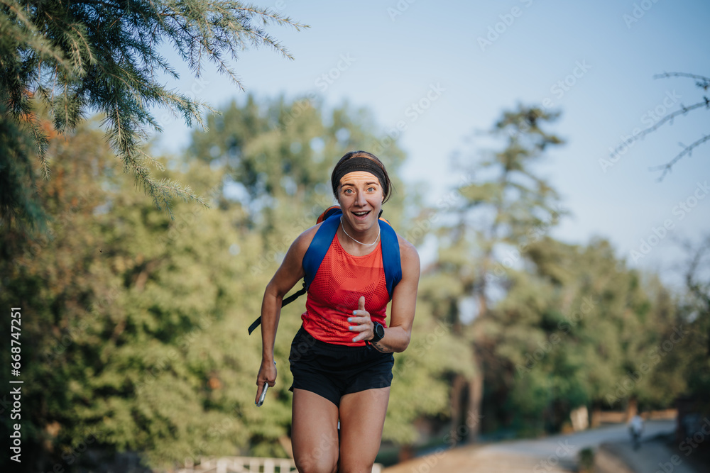 Active, fit couple running together in a natural park setting. Active, fit couple running together in a natural park setting.