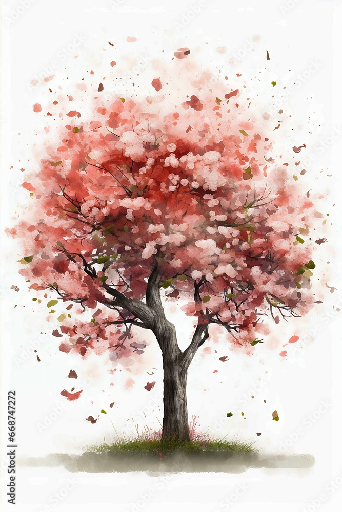 a tree blooming with pink cherry blossoms watercolor