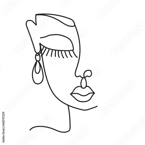 One line art drawing sketch of young woman girl with earring isolated on white.Organic cosmetics, beauty and jewelry accessorize concept