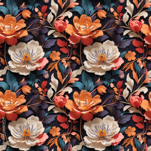 colorful floral repeat pattern created with bright high contrast vivid colors, seamless pattern for textile, packaging, wrapping paper, wallpaper, book cover, table cloth etc, generativeai