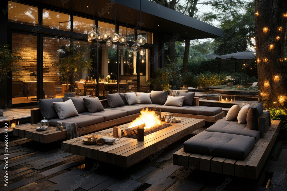 Lounge area on the terrace of the villa with large sofas or couches and a table with light bulbs