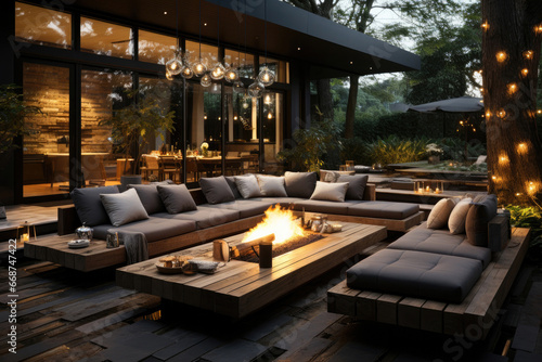 Lounge area on the terrace of the villa with large sofas or couches and a table with light bulbs