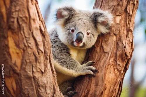 Koala bear on tree. Cute koala bear holding on to tree and looking at camera. photo