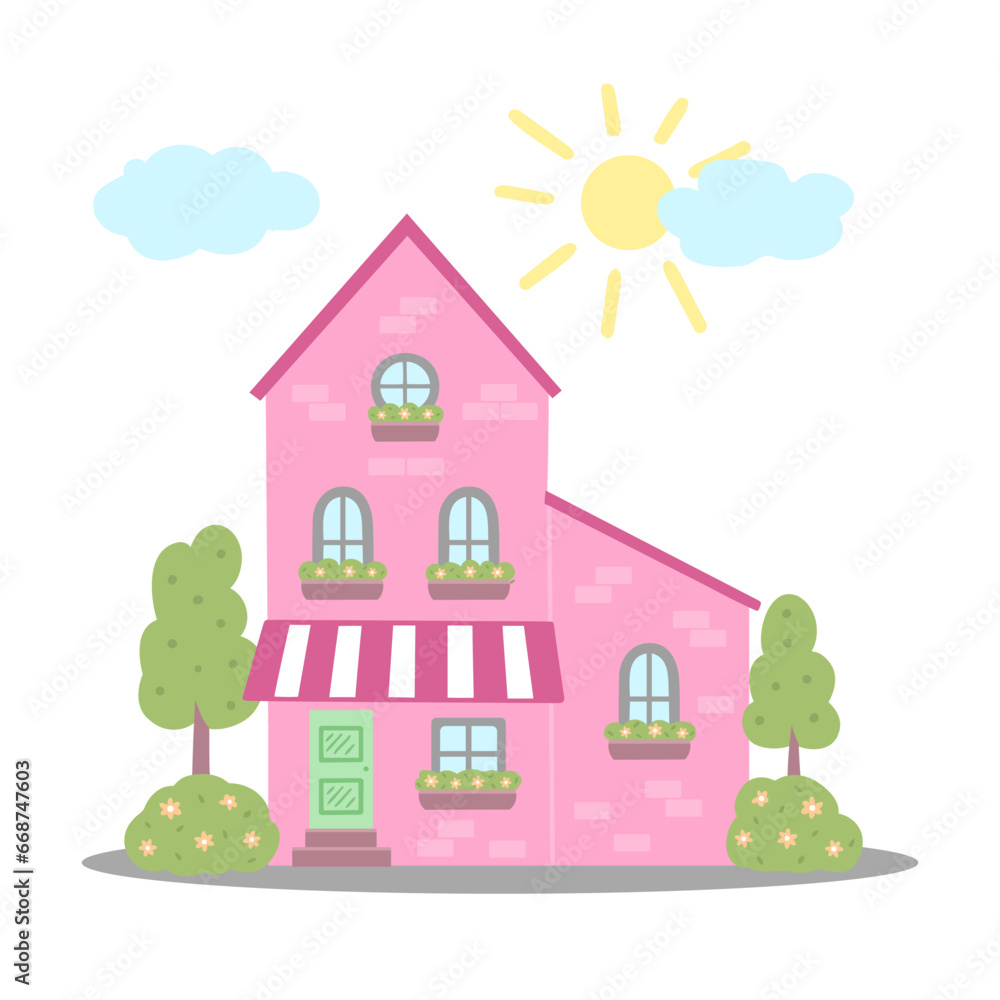 pink house, building. Vector Illustration for printing, backgrounds, covers and packaging. Image can be used for greeting cards, posters, stickers and textile. Isolated on white background.