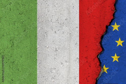 Italy and EU flag cracked on a concrete background