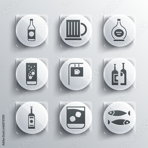 Set Glass of whiskey, Dried fish, Bottles wine, Street signboard with Bar, bottle vodka, Effervescent tablets water, Beer and cognac or brandy icon. Vector
