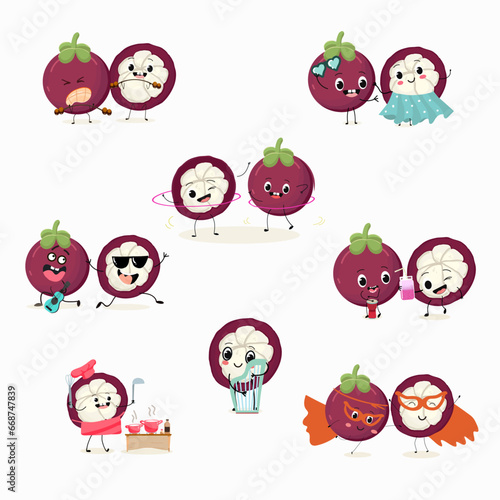 Vector set of funny fresh mangosteens, funny fruits, characters doing sports, playing musical instruments.