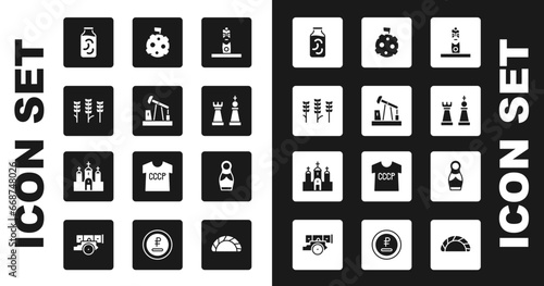 Set Slavic pagan idol, Oil pump or pump jack, Wheat, Pickled cucumbers in jar, Chess, Moon with flag, Russian doll matryoshka and Church building icon. Vector