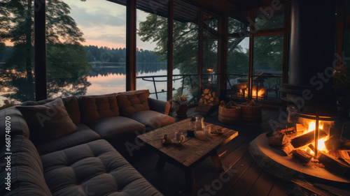 Interior of a country house by the lake in the evening. © Alex