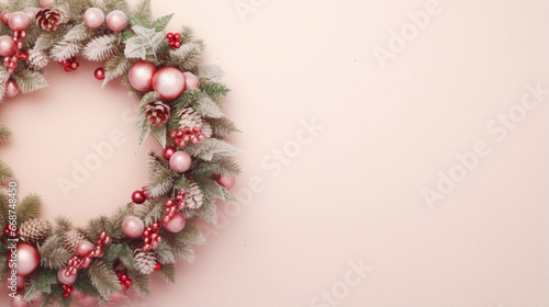 Merry christmas and happy new year, holiday concept. pink christmas tree with white balls, snowflakes, fir branches, cones on pink background. flat.