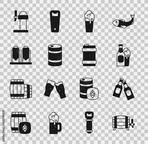 Set Wooden barrel, Beer bottle, and glass, Glass of beer, Metal keg, brewing process, Dispenser and icon. Vector