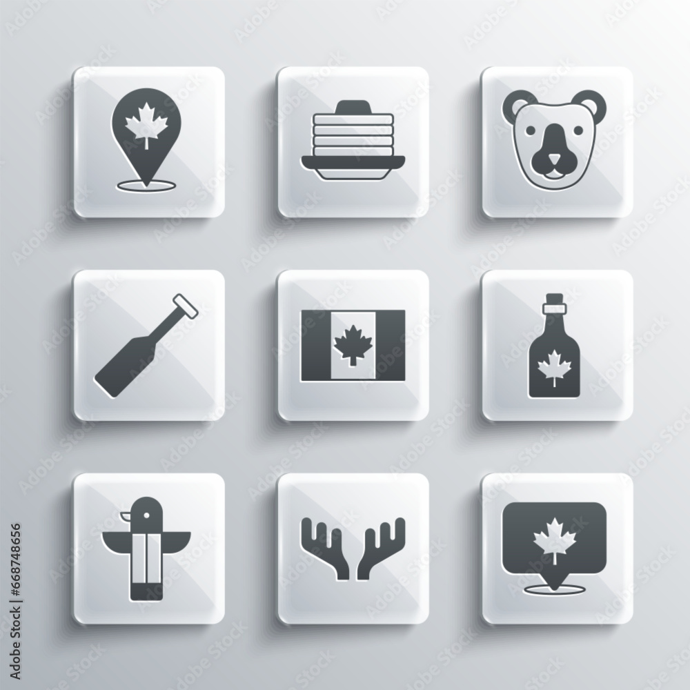 Set Deer antlers, Canadian maple leaf, Bottle of syrup, Flag Canada, totem pole, Paddle, and Bear head icon. Vector Set Deer antlers, Canadian maple leaf, Bottle of syrup, Flag Canada, totem pole, Paddle, and Bear head icon. Vector