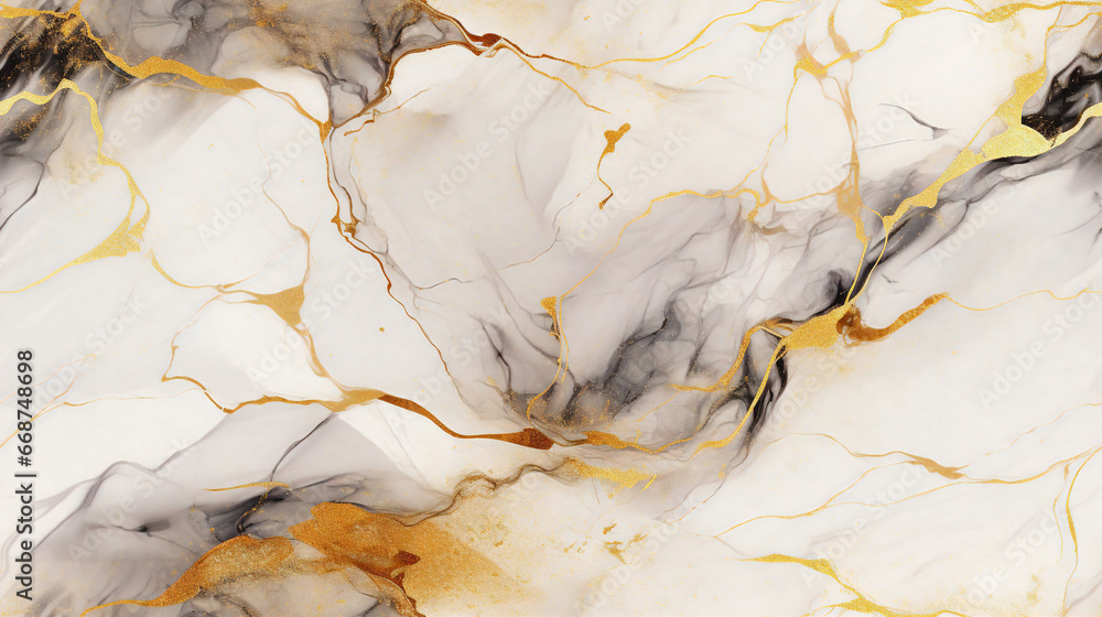 Luxurious white and gold marble seamless texture. Background, wallpaper, ceramic, counter, Generative AI