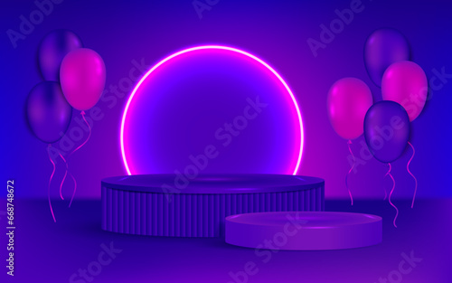 Abstract 3d showroom with purple podiums, balloons and circular neon lighting
