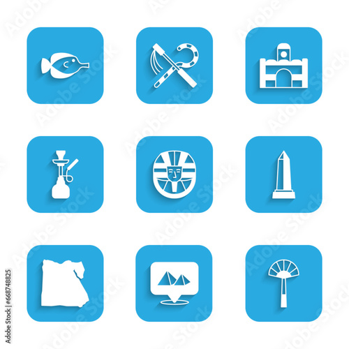 Set Egyptian pharaoh, pyramids, fan, Obelisk of Alexandria, Map, Hookah, house and Butterfly fish icon. Vector