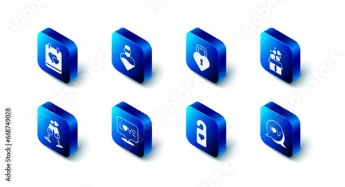 Set Bottle with love potion, Castle in the shape of heart, Gift box hearts, Speech bubble text I you, Please do not disturb, Love, Glass champagne and Calendar icon. Vector