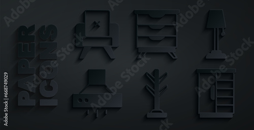 Set Coat stand, Floor lamp, Kitchen extractor fan, Wardrobe, Furniture nightstand and Armchair icon. Vector
