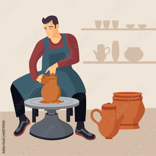 Pottery. A man makes a clay pot. Workshop.