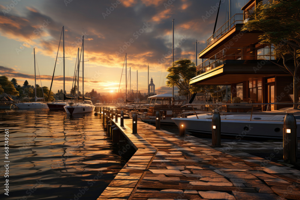 Yachts moored near a luxury hotel on the seashore at sunset