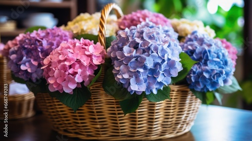 Colorful hydrangea flowers in a basket on the table. Mother s day concept with a space for a text. Valentine day concept with a copy space.