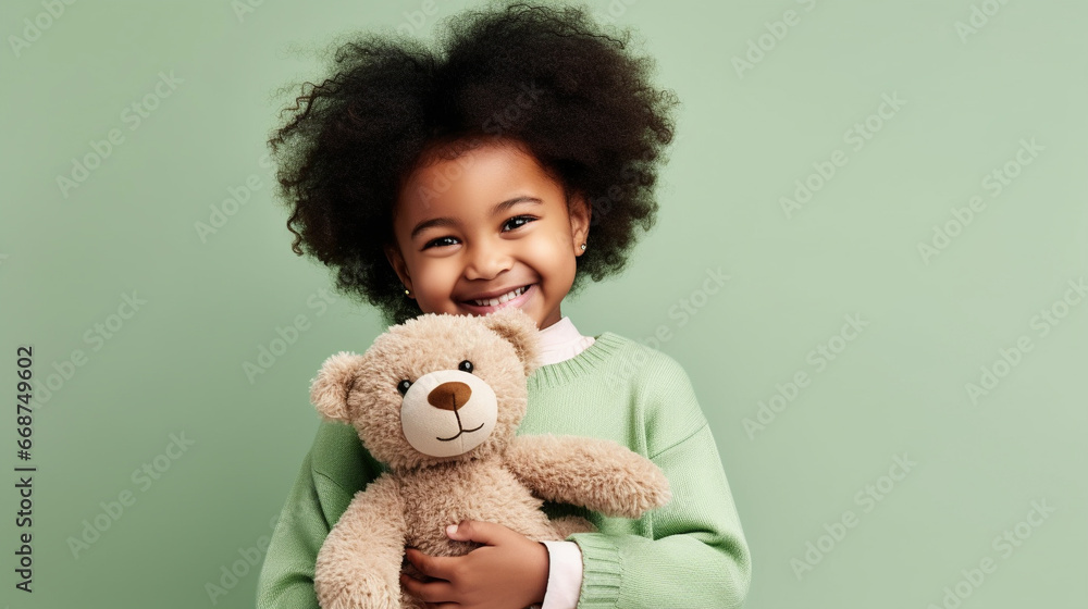 Black Girl in casual clothes have fun hold hug teddy bear Black Girl in casual clothes have fun hold hug teddy bear