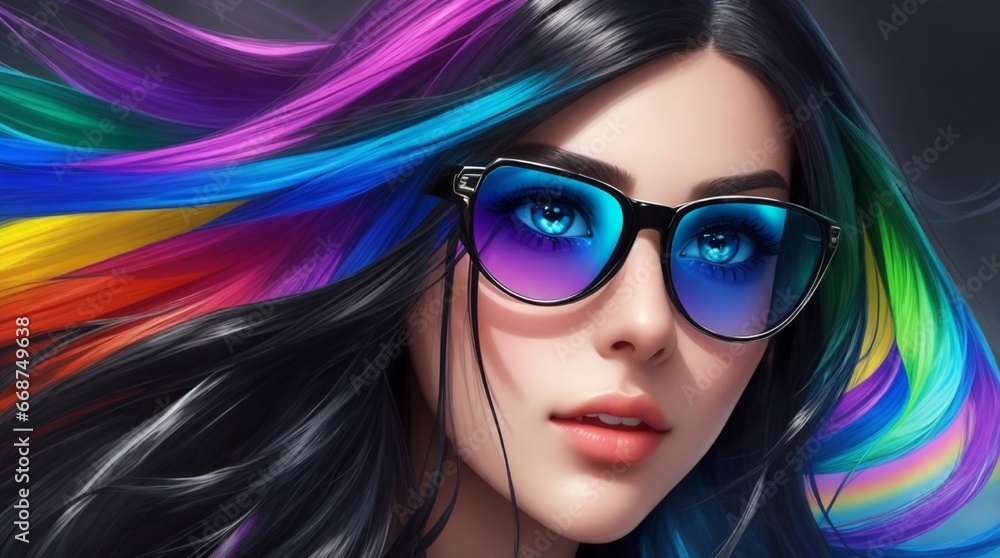 portrait of woman face with glasses and shiny colors