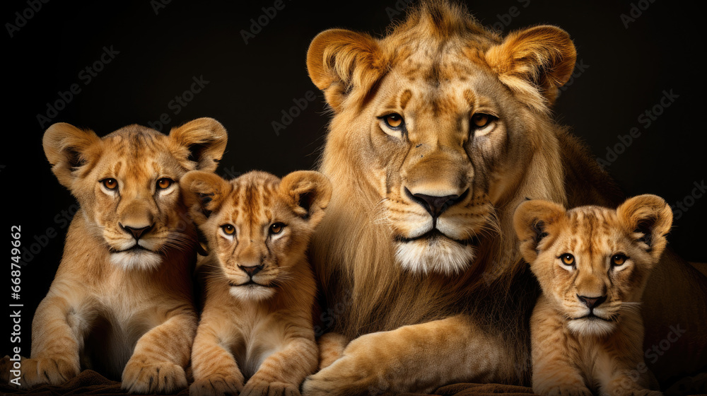 Family of friendly lions close-up
