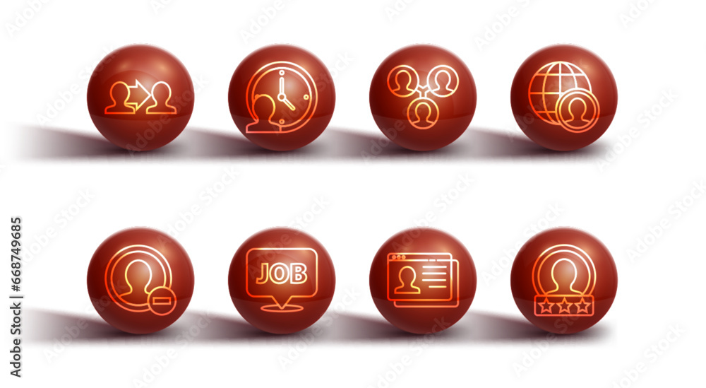 Set line Project team base, Create account screen, Globe and people, Resume, Speech bubble with job, Time Management, and icon. Vector Set line Project team base, Create account screen, Globe and people, Resume, Speech bubble with job, Time Management, and icon. Vector
