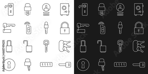 Set line Key, Bunch of keys, Lock, Create account screen, Car with remote, Marked, Door handle and Locked icon. Vector