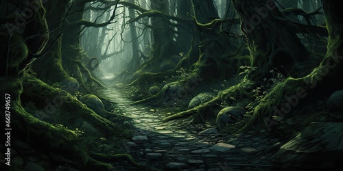 AI Generated. AI Generative. Misty magic fantasy deep green jungle forest. Adventure trail path background. Graphic Art