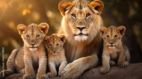 Family of friendly lions close-up photo