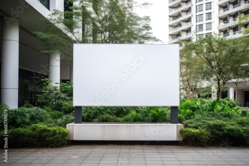 outdoor white banner sign in front of garden and office building Generative AI