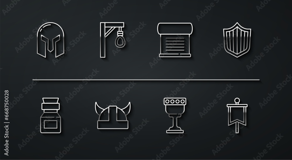 Set line Medieval iron helmet, Poison in bottle, Shield, goblet, Viking horned, Gallows, flag and Decree, parchment, scroll icon. Vector Set line Medieval iron helmet, Poison in bottle, Shield, goblet, Viking horned, Gallows, flag and Decree, parchment, scroll icon. Vector