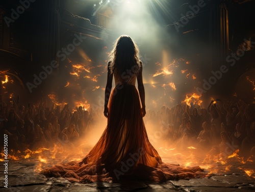 Fictional woman artist in dress on stone paving stones with fire AI photo