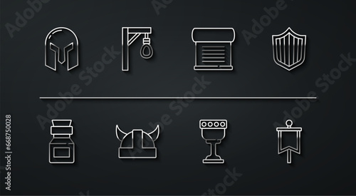 Set line Medieval iron helmet, Poison in bottle, Shield, goblet, Viking horned, Gallows, flag and Decree, parchment, scroll icon. Vector