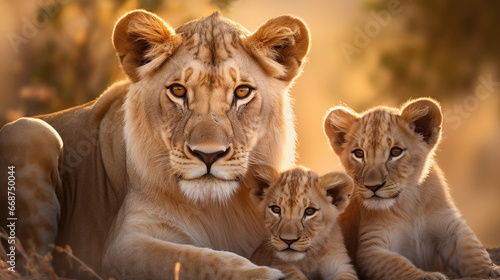 Family of friendly lions close-up