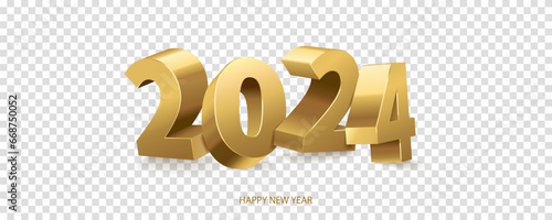 Happy new year 2024. Golden shiny 3D numbers, isolated on transparent background. Vector illustration.
