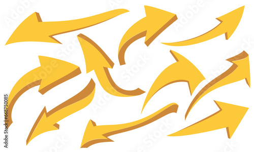 Yellow 3d arrows of various shapes set. Realistic arrow twisted in various directions. Infographic object a pointer sign. Vector illustration.