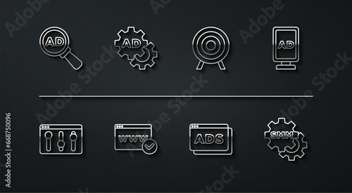 Set line Advertising, Browser setting, Website template, Social media marketing and Target sport icon. Vector