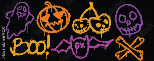 Set graffiti color spray paint. Collection of ghost, pumpkin, cherry, skull, bone Isolated Vector