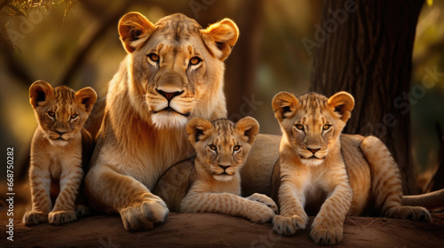 Family of friendly lions close-up photo