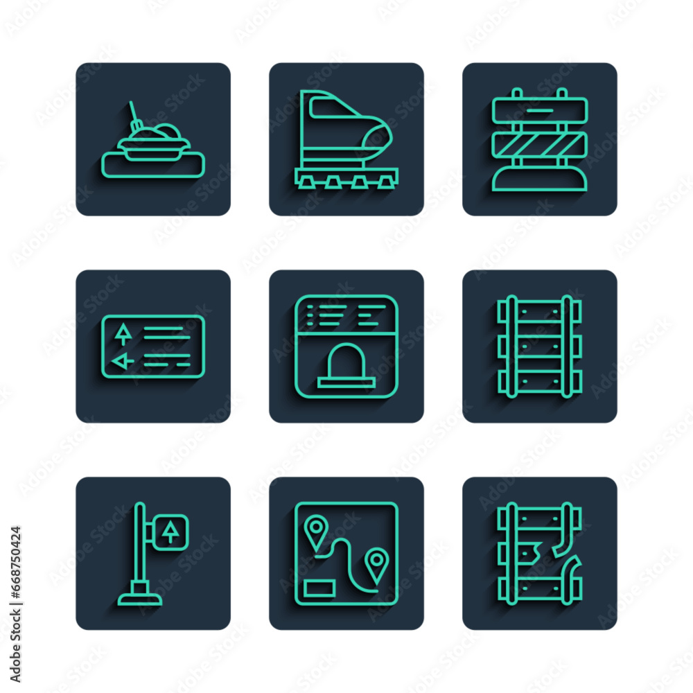 Set line Road traffic signpost, Route location, Broken rails railway, End of tracks, Ticket office to buy tickets, Plate with food and Railway, railroad icon. Vector Set line Road traffic signpost, Route location, Broken rails railway, End of tracks, Ticket office to buy tickets, Plate with food and Railway, railroad icon. Vector