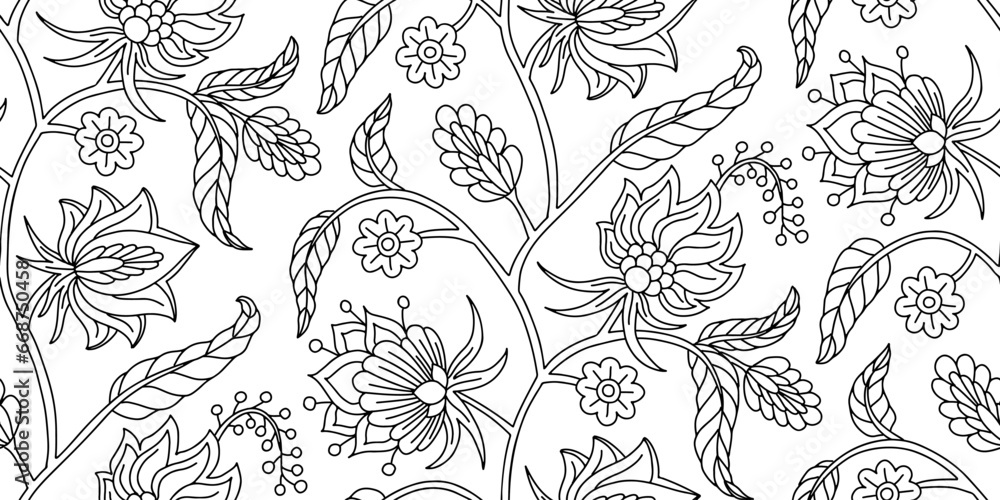 Seamless pattern with stylised indian style flowers and leaves on a stem. Hand drawn floral repeat background Seamless pattern with stylised indian style flowers and leaves on a stem. Hand drawn floral repeat background