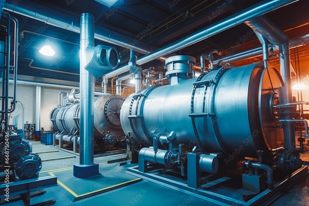 Interior of modern industrial boiler room. Large metal tanks in industrial boiler room Interior of modern industrial boiler room. Large metal tanks in industrial boiler room
