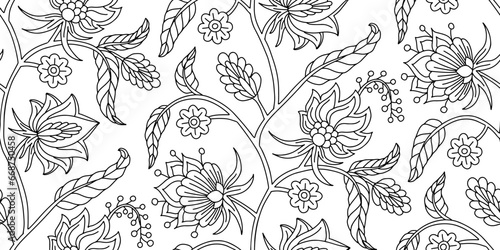 Seamless pattern with stylised indian style flowers and leaves on a stem. Hand drawn floral repeat background
